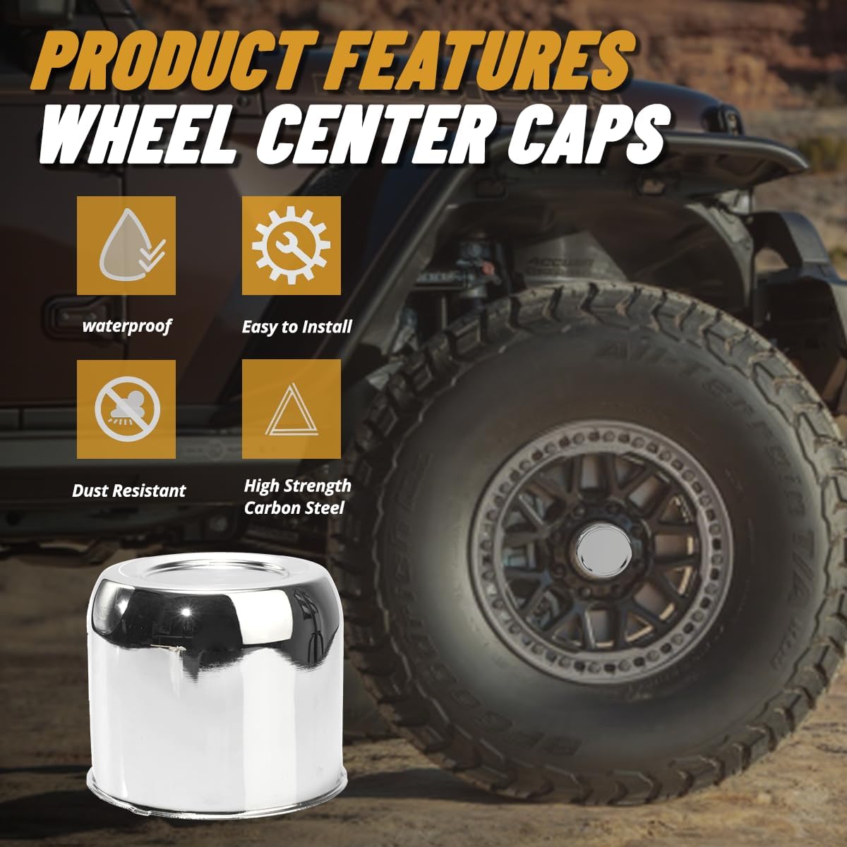 4Pcs 4.41 in Wheel Center Caps Chrome Push Through Design - Fit 4.41" Center Bore for Truck, Trailer, SUV, RV Wheels Rims 3.7" Height Center Hub Caps