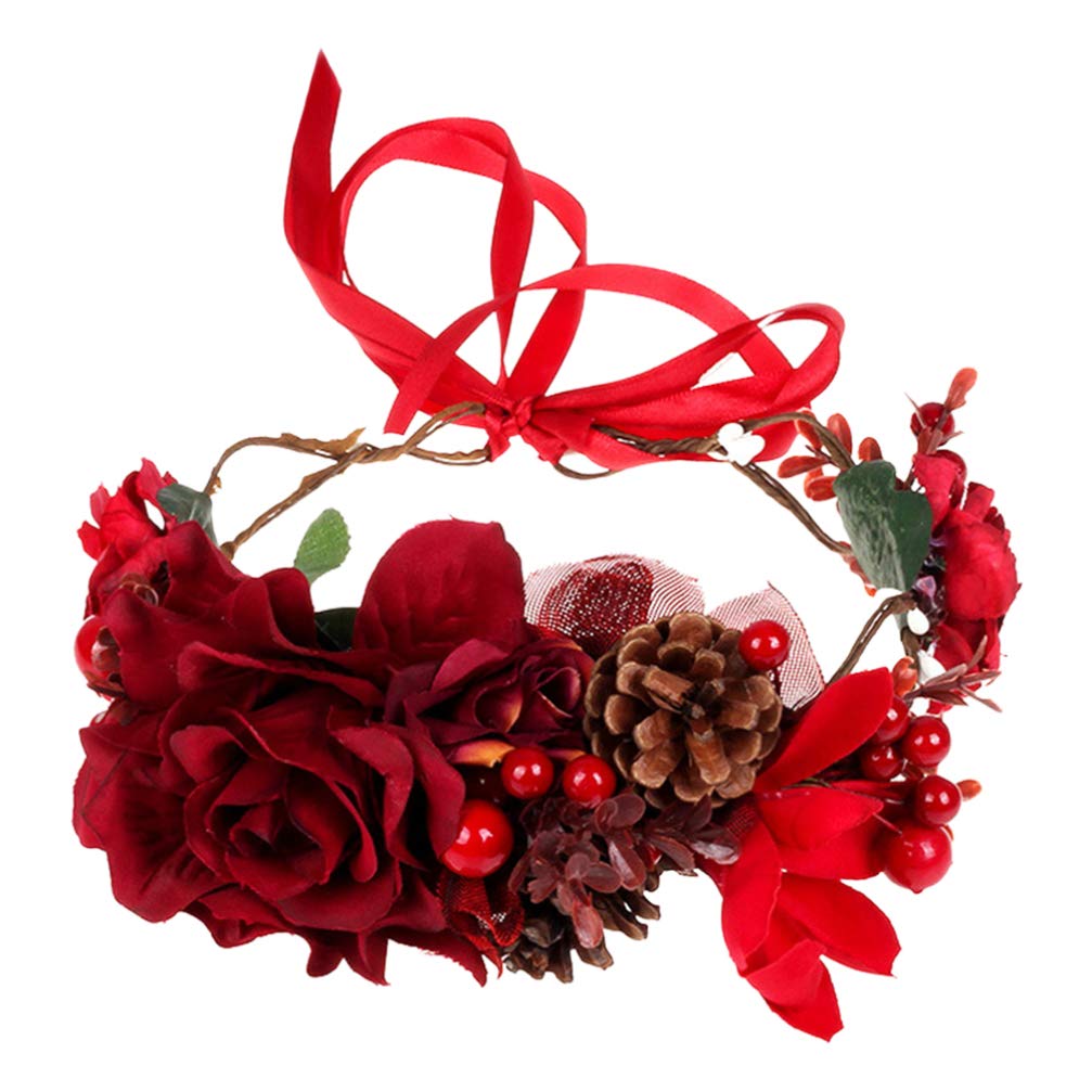 Lurrose Flower Hairband Floral Hair Garland Flower Crown with Berry Christmas Hair Accessories for Woman Girls