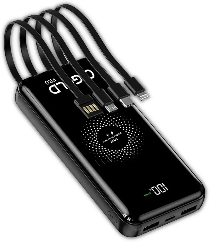 Carregador Portátil Por Indução Sem Fio 20000mAh Com Cabos Embutidos (Preto)