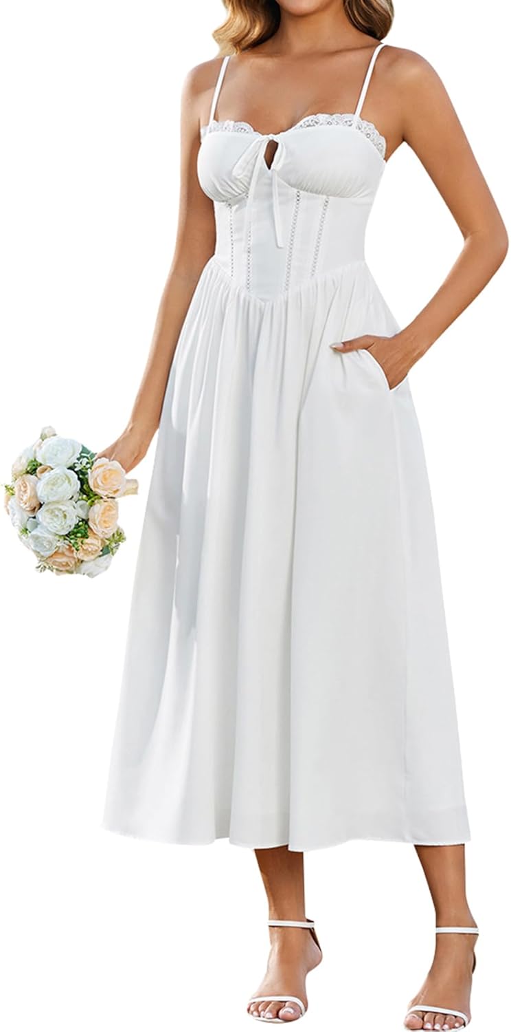 EYNMIN Floral Corset Midi Summer Wedding Guest Dress Lace Up Spaghetti Strap Flowy Dresses for Women Sundress with Pockets