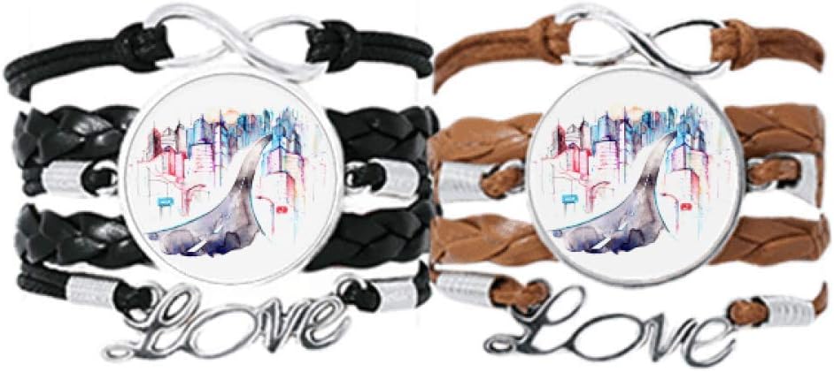 Bestchong City Building Highway Streetlight Watercolor Bracelet Hand Strap Leather Rope Wristband Double Set Gift