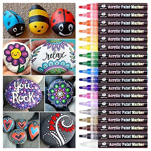 WONSAR Rotuladores de Pintura Acrílica para Piedras,Permanente Marcadores Dibujar en Piedras Vaso Cerámico Porcelana Plastico Madera Papel Lona (18 punta mediana)