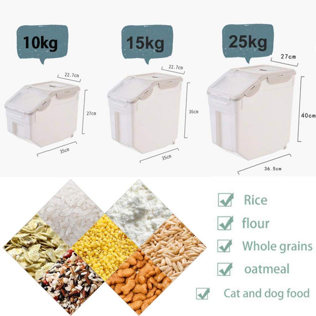 MYYINGELE Voedselopslagcontainer 10/15/25 kg luchtdichte keuken rijst granen canisters droge graanmeting opslagdispenser vochtbestendig voor rijst granen graan sojabonen huisdiervoeding, beige, 25 kg