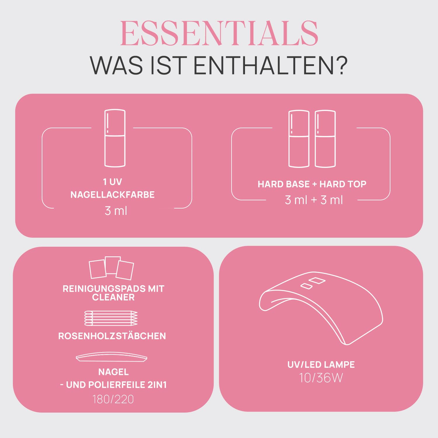 NÉONAIL Essentials Starter Set - LED UV Lampe 10W/36 - UV Nagellack - Maniküre Set - Top - Starterset mit Lampe - Sets - Nagellack Set - Farben - Base - Manicure - Nagelset