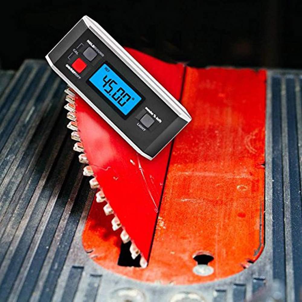 Digital protractor measuring an angle on a saw blade, displaying 45.00 degrees