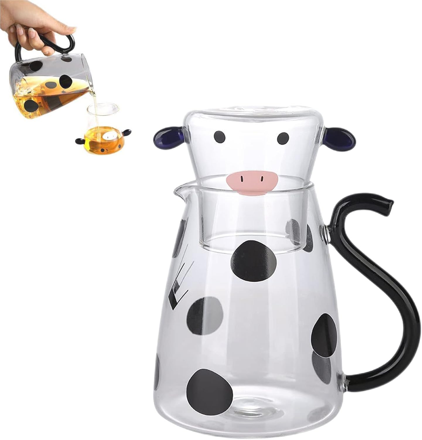 Cow Print Carafe Set, Cow Glass Water Pitcher with Glass Cup, Cute Cow Water Carafe (1800ml