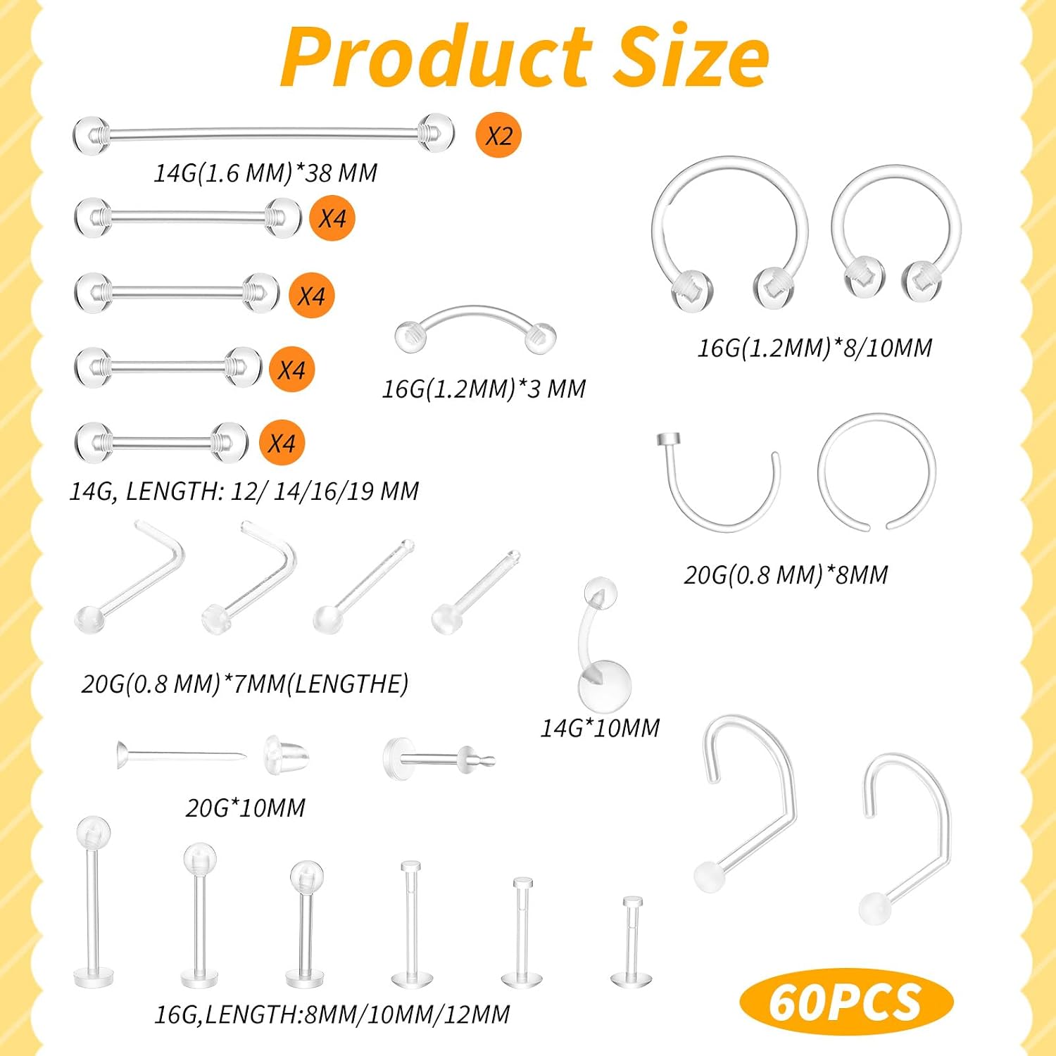 60 Pcs Clear Piercing Retainers for Surgery Bioflex Plastic Jewelry for Nose Ring Septum Retainer Eyebrow Lip Cartilage Tragus Earrings Belly Nipple Tongue Industrial Lip Labret Rings Studs for Work
