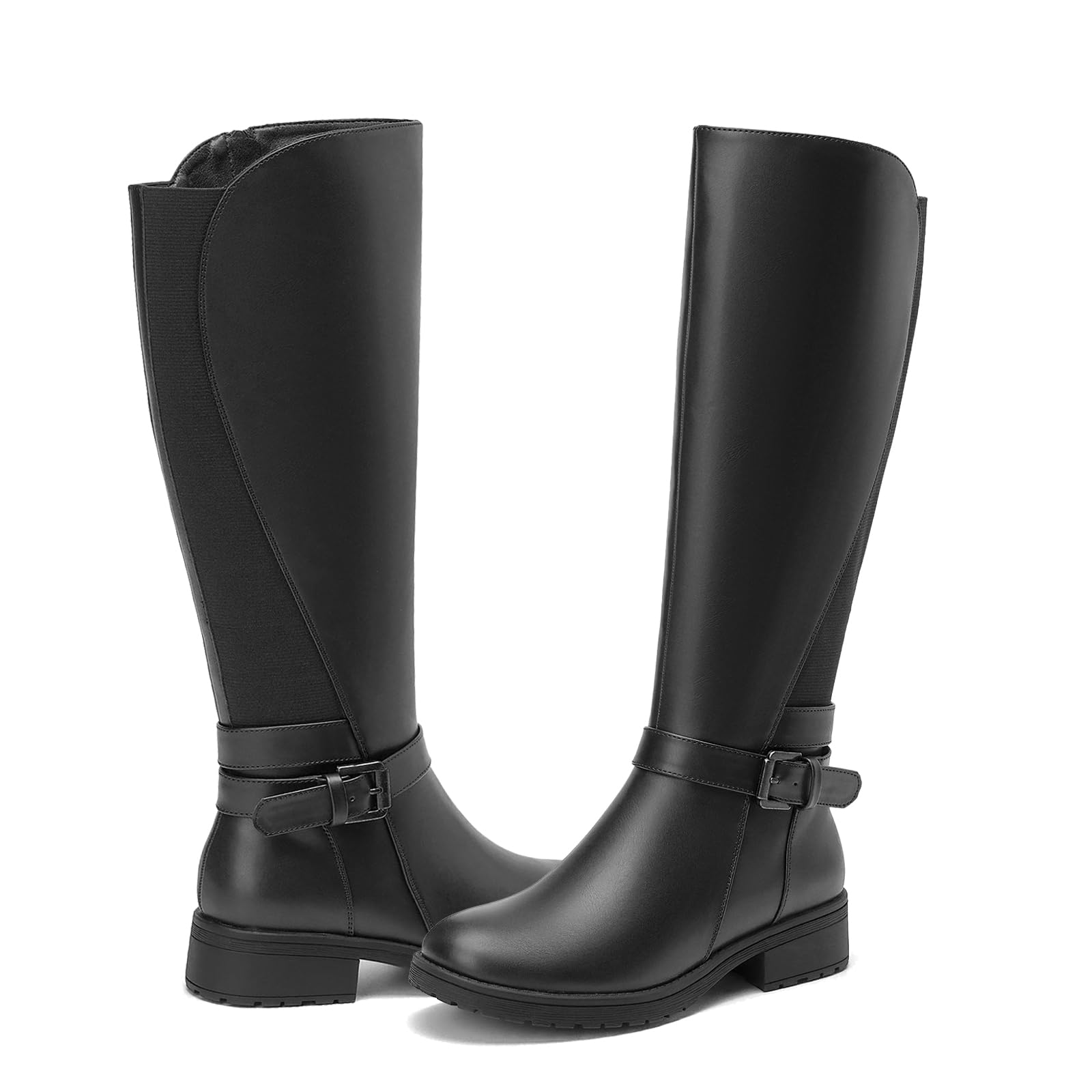 ALLOTWomen's Stretch Knee High Boots Low Block Heel Buckle Strap Classic Riding Boots Ladies Side Zip Elastic Casual Fashion Winter Boots