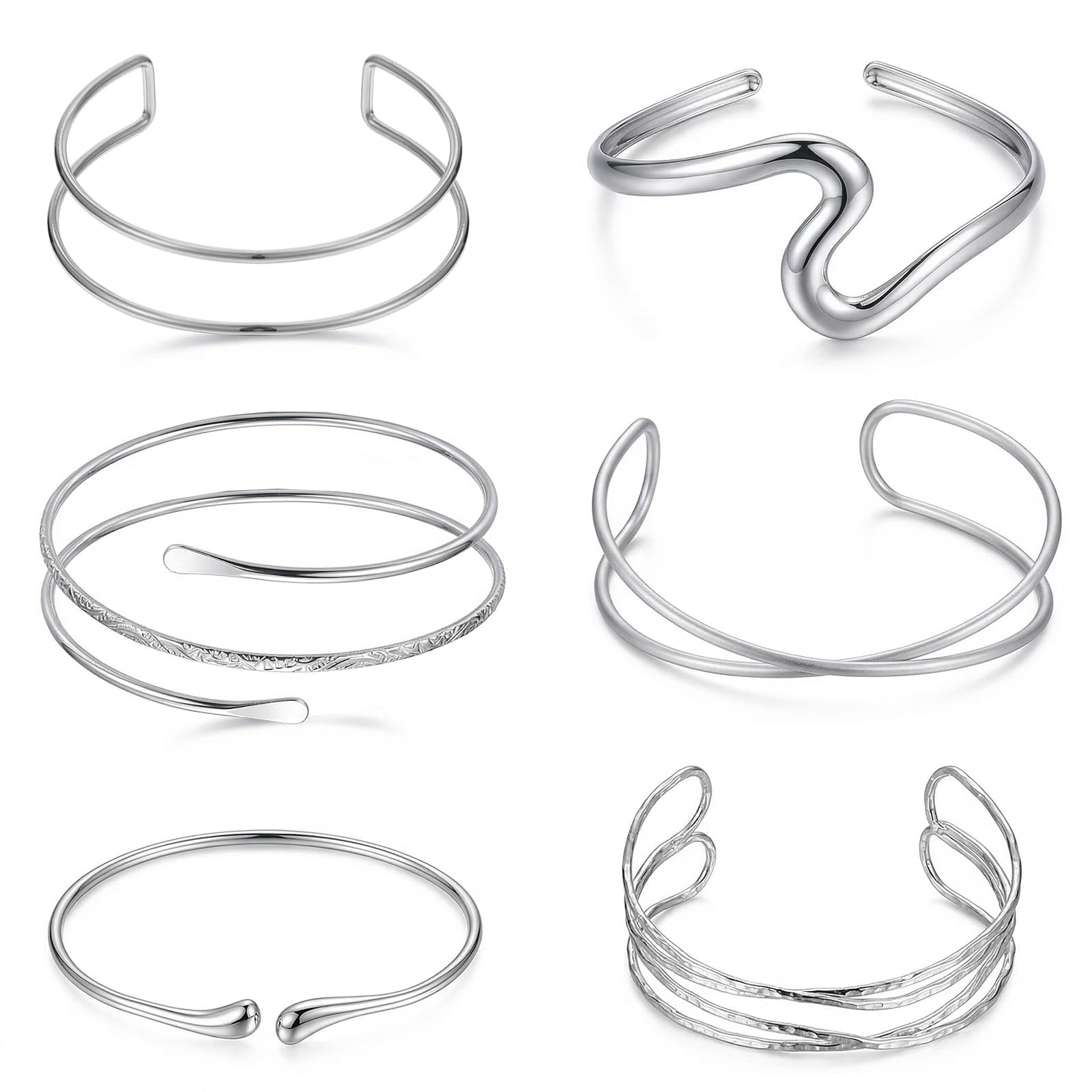 cobee 6 pulseras de plata para el brazo superior, 8 cm, ajustables, plateadas, minimalistas, bohemias, punk, espirales, griegas, juego de regalo delicado para niñas