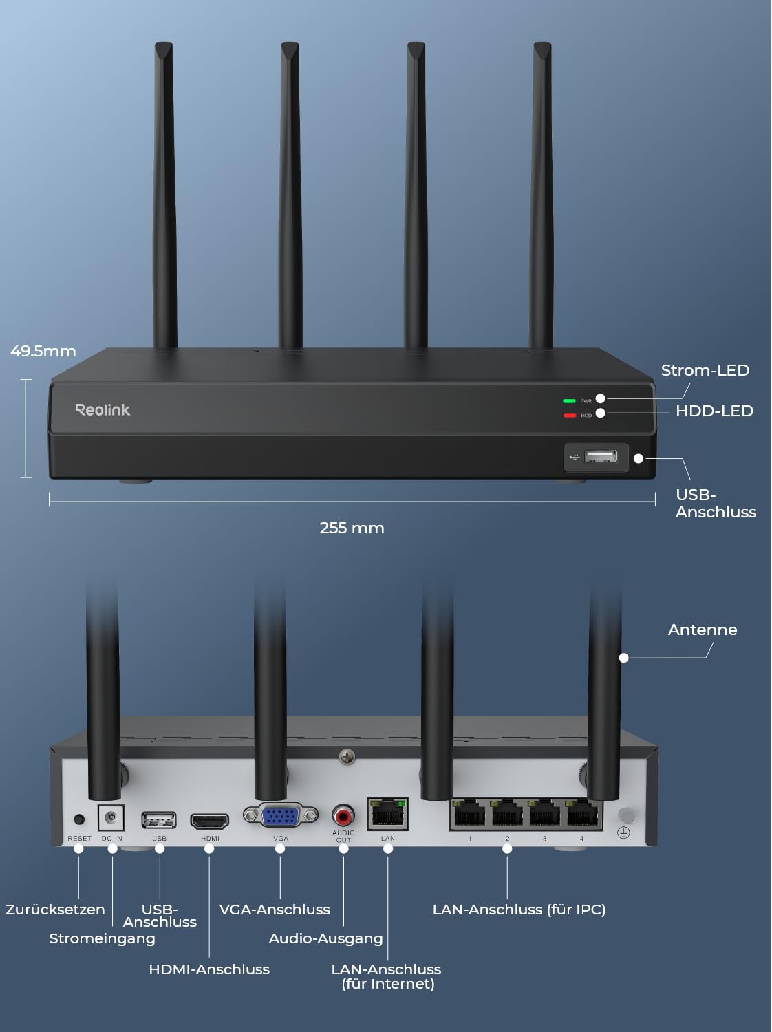 Reolink 4K 12CH WLAN NVR mit Wi-Fi 6, Integrierte 2TB HDD, 2,4/5GHz WiFi, WLAN-&Akku-Kameras(außer 4G Kameras), Keine PoE-Ports, Überwachungssystem, 24/7 Aufzeichnung, RLN12W(Schwarz)