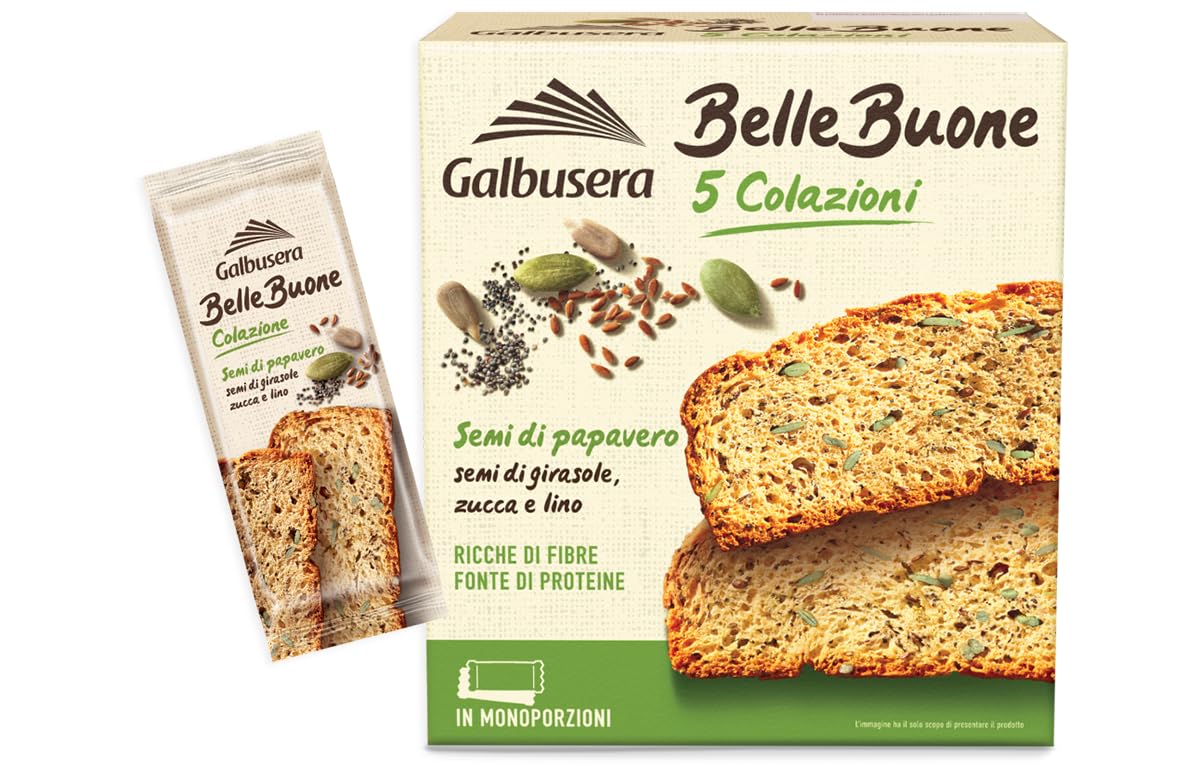 Galbusera BelleBuone 5 Colazioni Fette Spesse con Semi di Papavero, Girasole, Zucca e Lino 200g [CAIYA® BOX da 8 Confezioni]