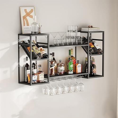 Miniatura 8 de KaKaBB Estantes flotantes de metal para licor de 2 niveles, estante de vino montado en la pared con soporte para vidrio, estante de barra de pared,