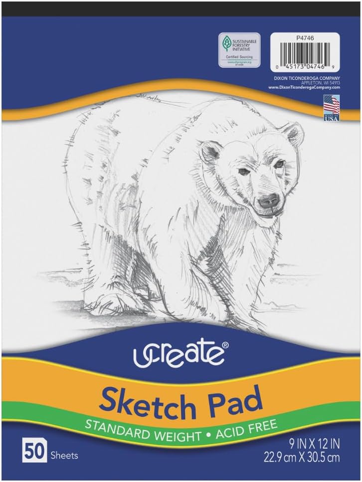 UCreate Sketch Pad, Standard Weight, 9" x 12", 50 Sheets | Sulphite, White, Short Edge Tape Bound, Heavy Chipboard Back, Acid Free, Recyclable, P4746