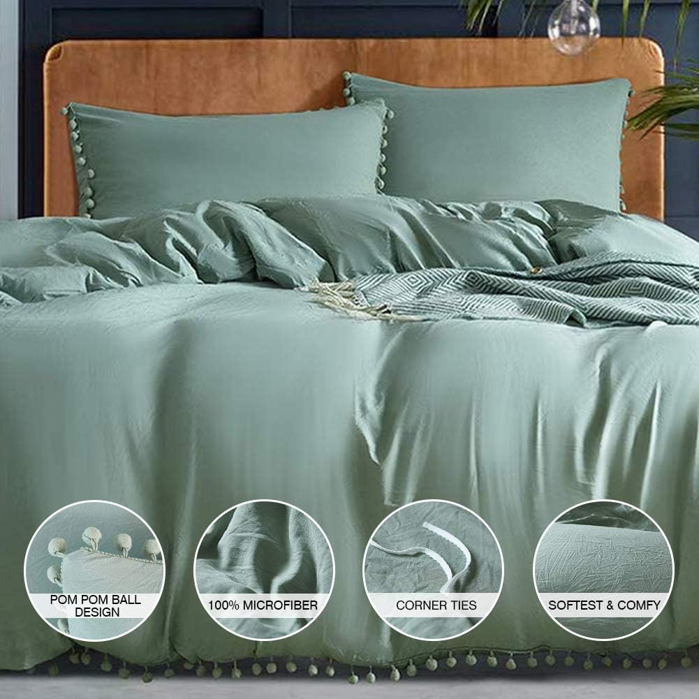 AUTOOK Pom Poms Duvet Cover Insert Twin Size and 2 Pillowcases,100 Washed