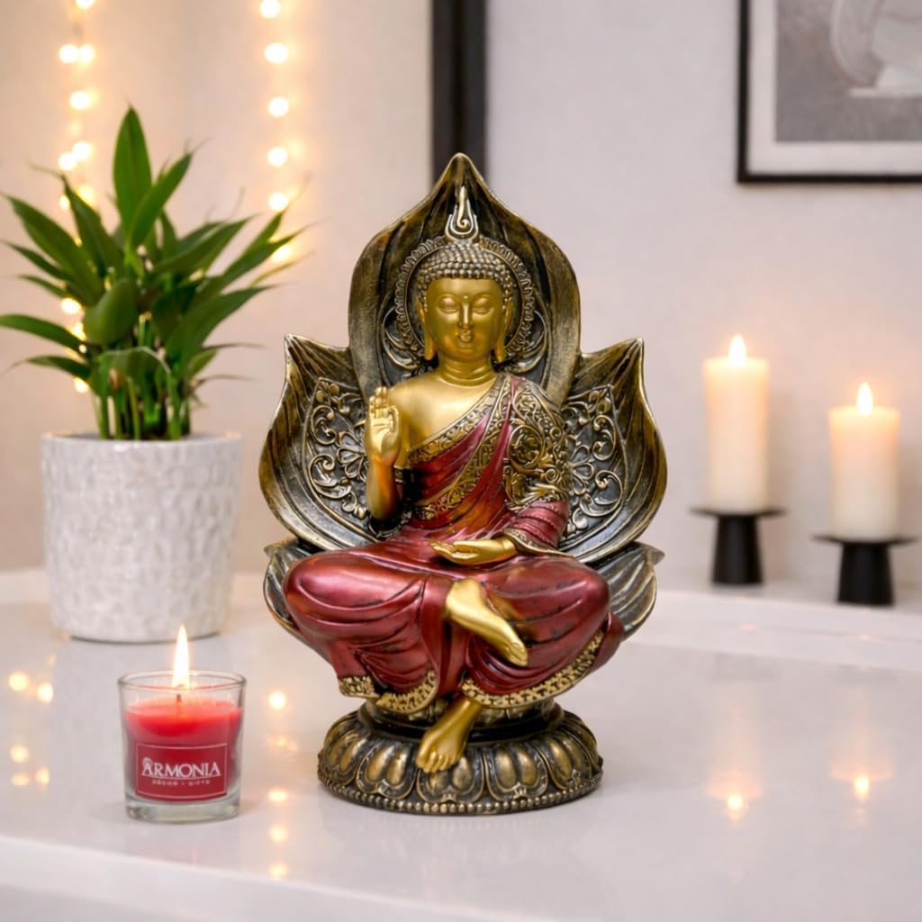 ARMONIA Nirvana Buddha Meditating Sitting Idol Statue|Polystone Blessing Budha Figurine Showpiece for Home Decor,Living Room,Office,Vastu &Gifting(H 25 cm/Maroon)(Included 1 Shot Glass Scented Candle)