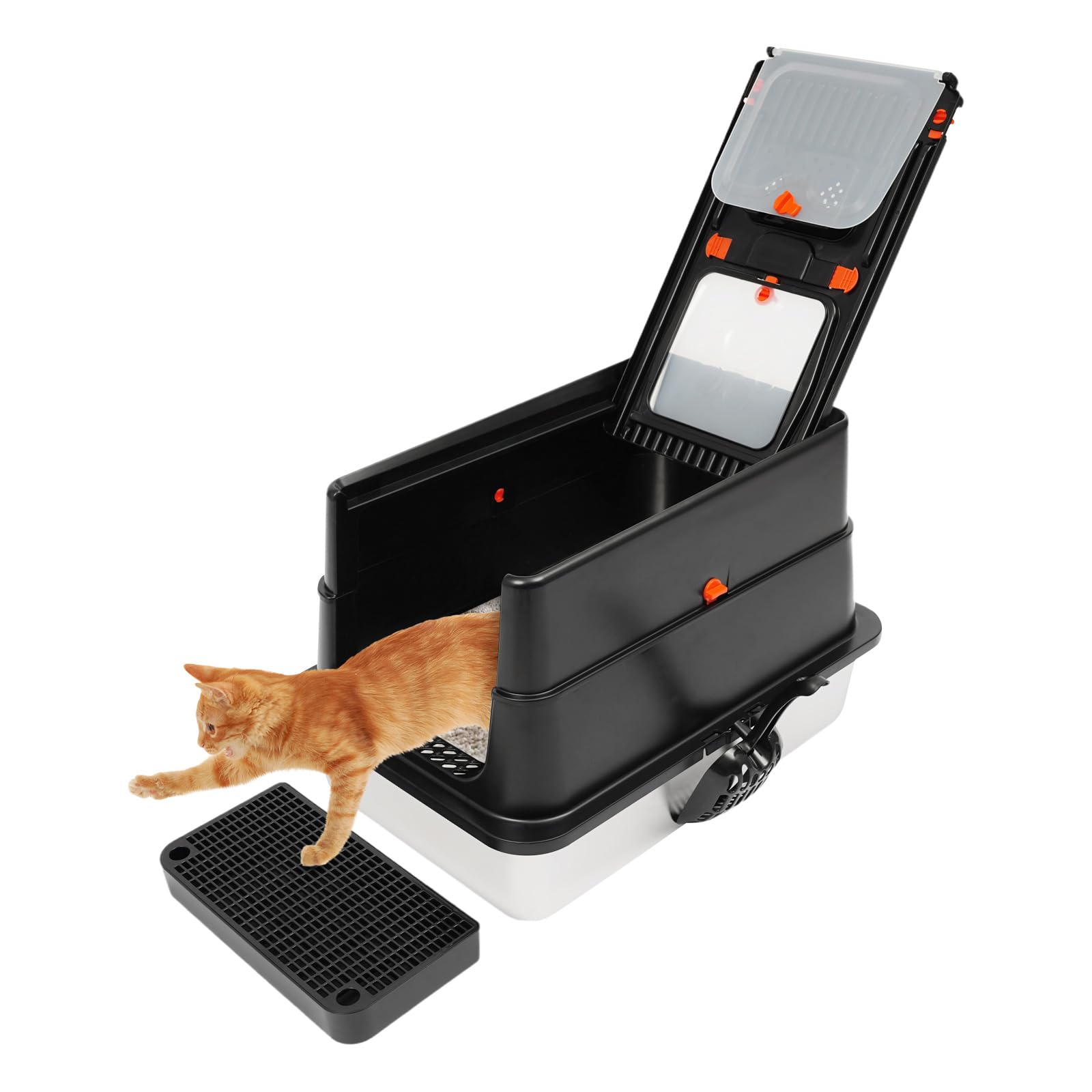 Caja de arena cerrada de acero inoxidable con tapa, caja de arena para gatos con pala, pedal de basura y almohadillas de agarre con apertura en forma de U, adecuado para gatos de hasta 15 kg (negro)