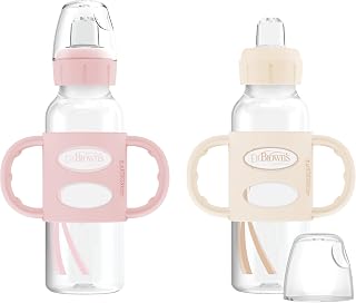 Dr. Brown's Milestones Narrow Sippy Spout Bottle 8oz 2-Pack - Soft Silicone Spout, Easy-Grip Handles, Pink/Ecru, 6m+ Transition Cup