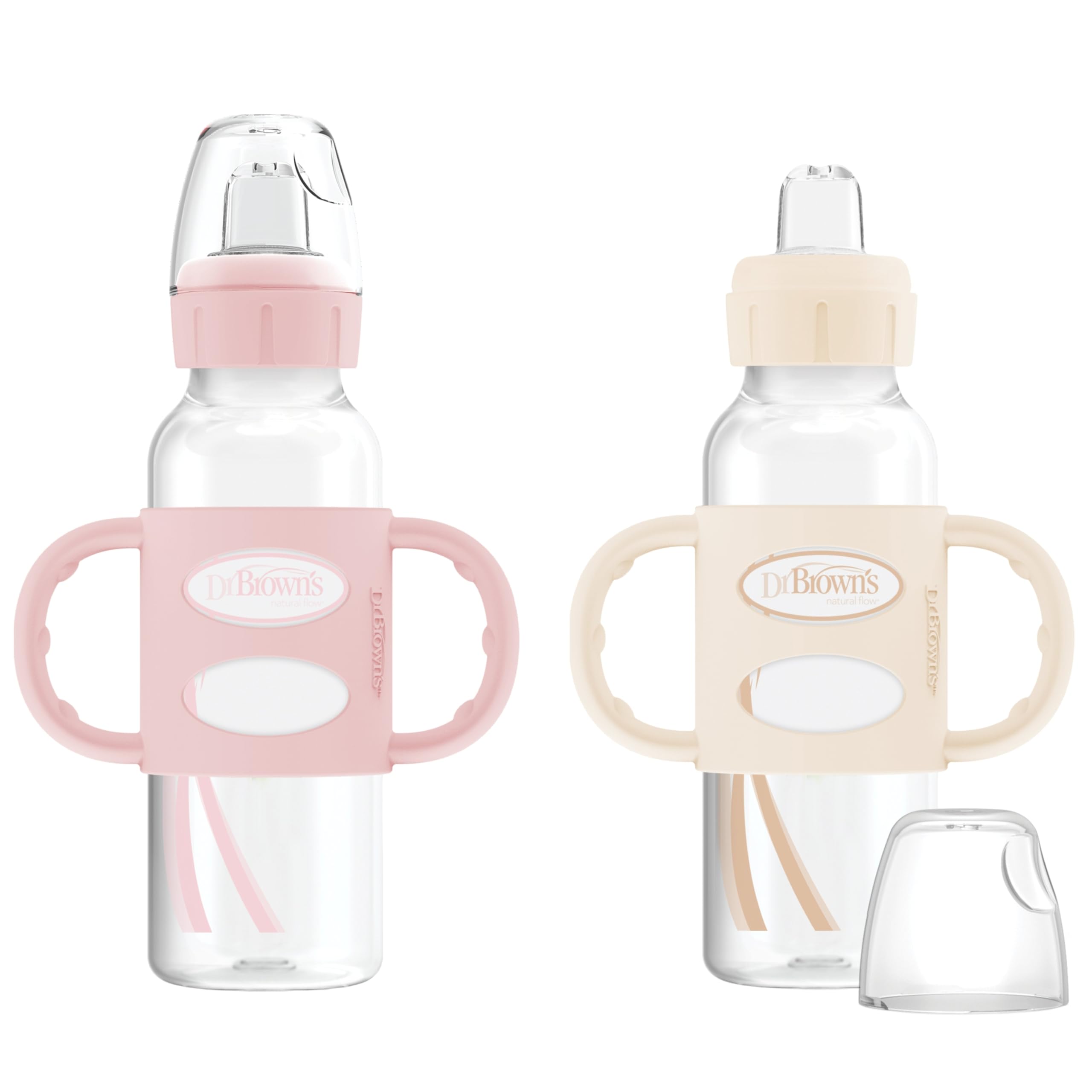 Dr. Brown's Milestones Narrow Sippy Spout Bottle with 100% Silicone, Easy-Grip Handles and Soft Sippy Spout, 8oz/250mL, Light Pink and Ecru, 2-Pack, 6m+