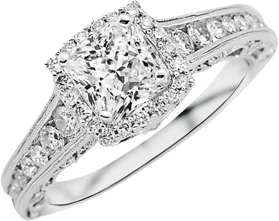 Houston Diamond District 2.75 Carat Vintage Halo Style Channel Set Round Brilliant Diamond Engagement Ring Milgrain with a 2 Carat Moissanite Center