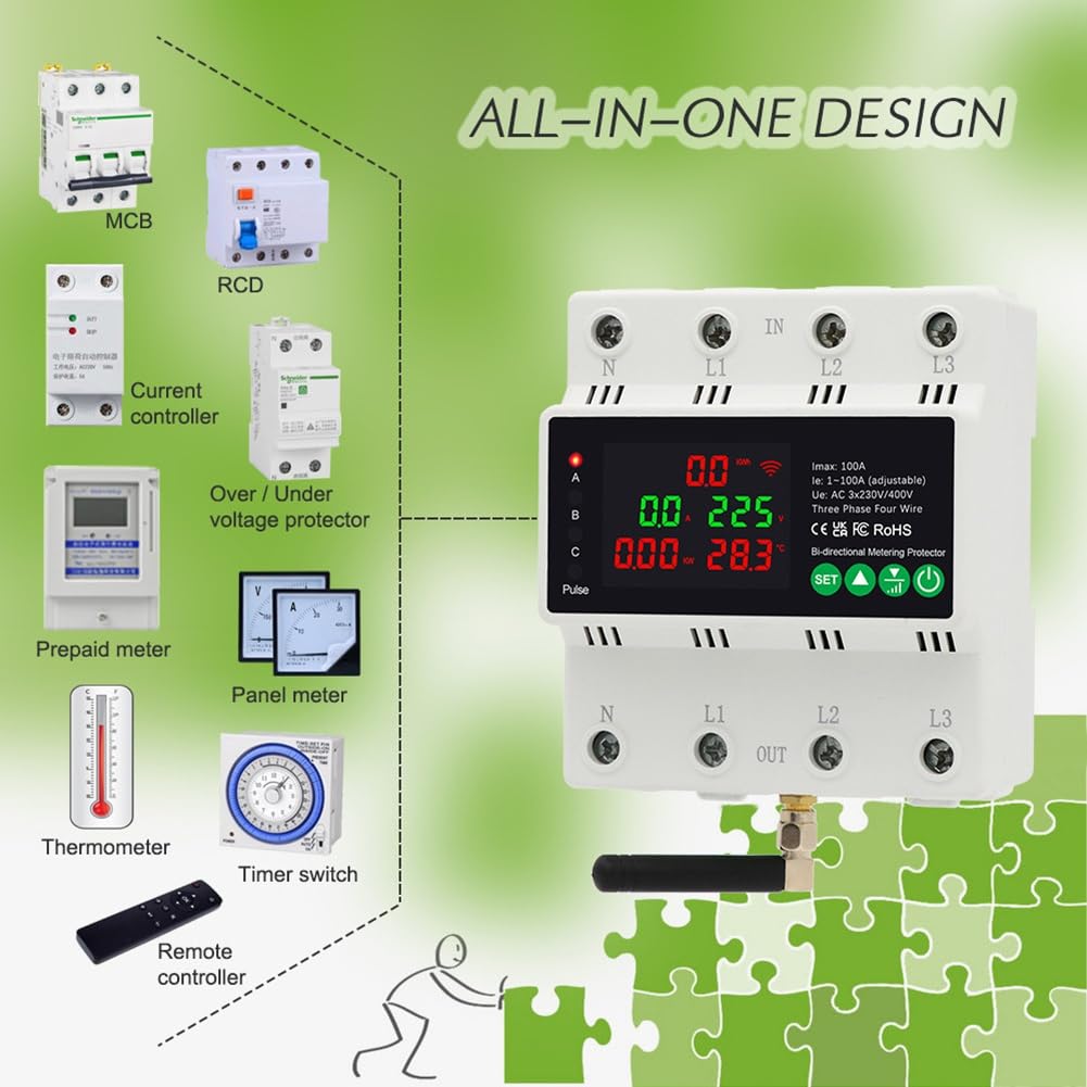 Medidor de EnergíA Inteligente Bidireccional con WiFi, 3 Fases, 4 Cables, 380 V, 100 A, KWh, ReconexióN AutomáTica, Protector SobretensióN y SobretensióN