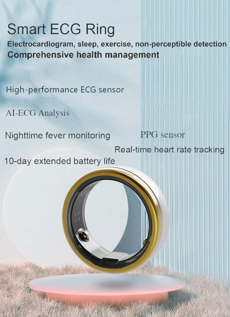 Ring Smart ECG Fitness Ring - Medical Grade Heart & Sleep Tracker, AI ECG Analysis, 10-Day Battery, Sleep/SpO2 Tracker, IP68 Waterproof, No APP Subscription,Wireless Charging (Gold and Silver, 10)