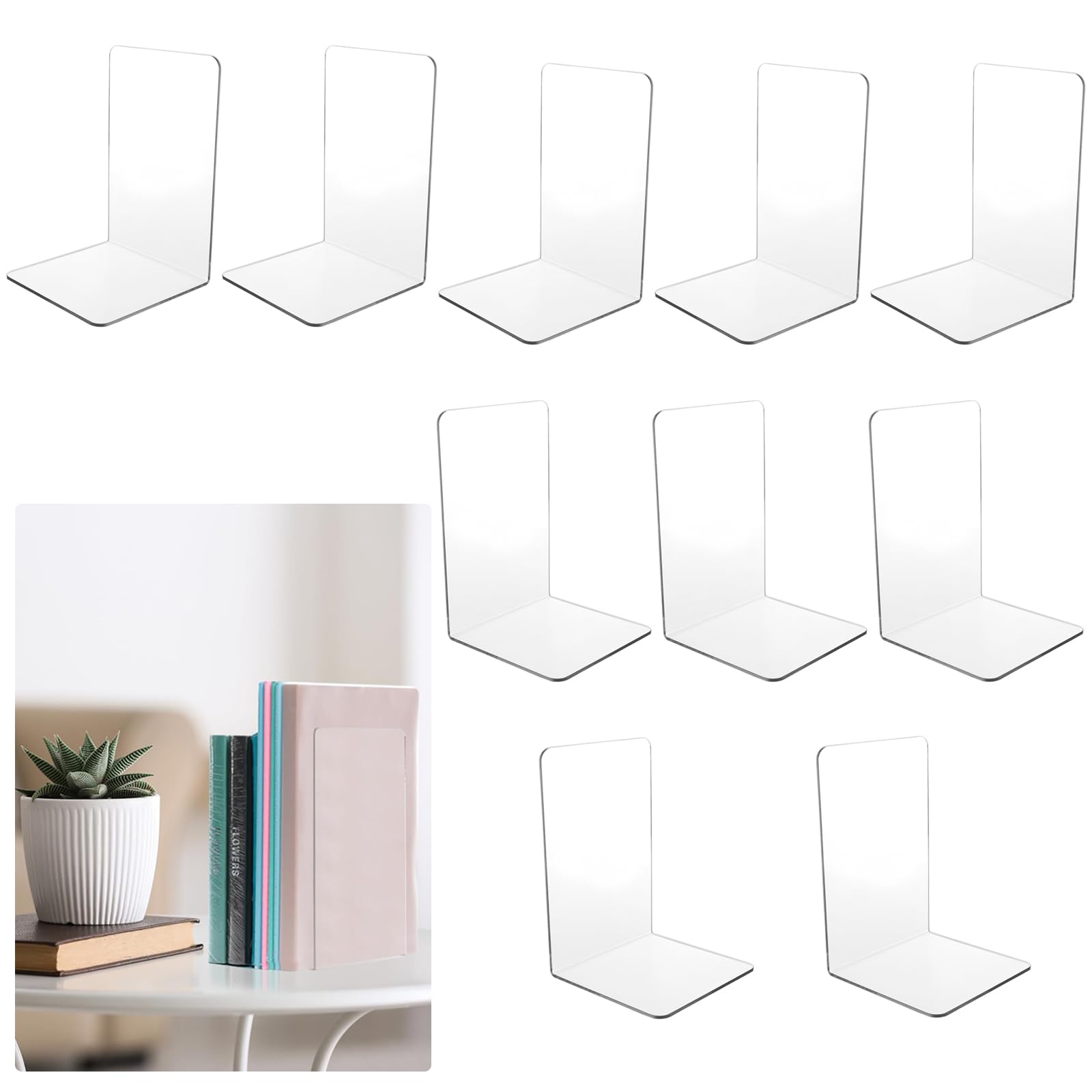 STARVAST - Lote de 10 sujetalibros de acrílico transparente, sujetalibros para estanterías, invernadero antideslizante de libro resistente para biblioteca, oficina, escuelas, librería – 5 pares