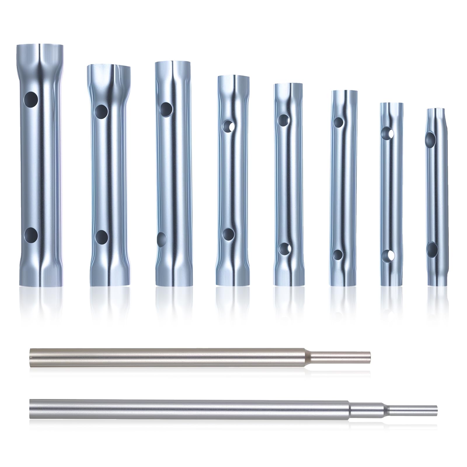 Tiugbjkgk 10 Pcs Tap Box Spanner Set, Tubular Box Spanner Set with 2 Pcs Tommy Bars, 6-22mm Metric Plumbing Tap Spanners & Wrenches for Sink Tightening