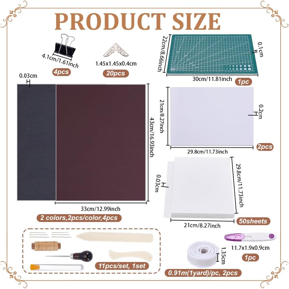 OLYCRAFT DIY Bookbinding Kit Complete Book Making Kit Book Binding Kits for Beginners Hand Books Binding Starter Tools with Paper Cutting Mat Awl Ribbon PVC Leather Fabric for DIY Bookbinding Crafts