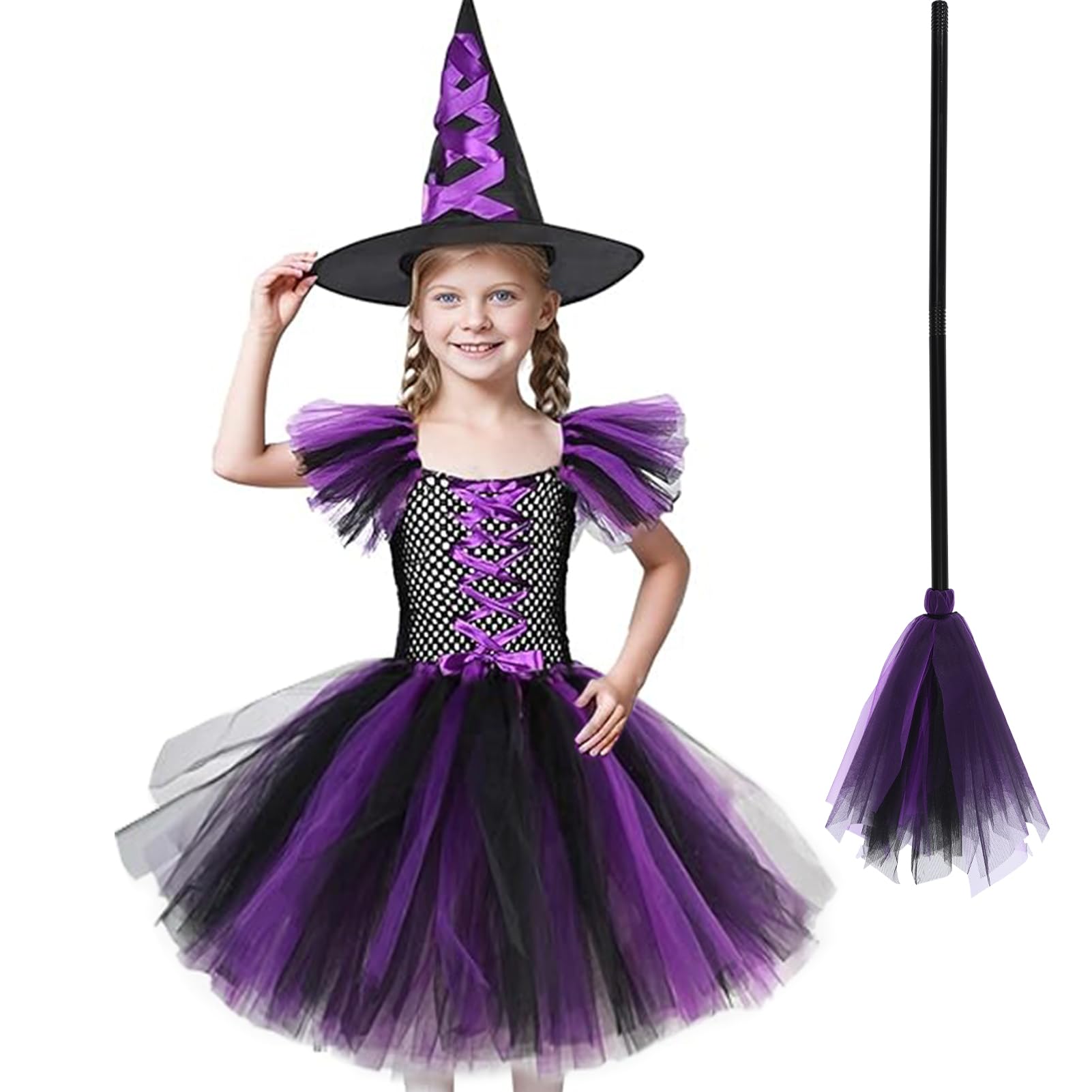 Antsparty Witch Costume Kids Girls, Halloween Purple Witch Costume with Witch Hat Broom, Girls Witch Fancy Dress for Halloween Role Play Party