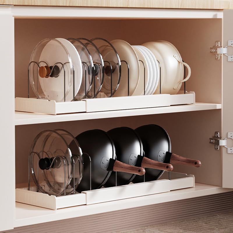 3 Pack Pots and Pans Organizer Under Cabinet, 22" Expandable Pot Lid Rack | 13"-22" Expandable Organizer, with 10 Adjustable Stainless Steel Dividers & ABS Base, for Pot Lids Pans & Food Container Lids