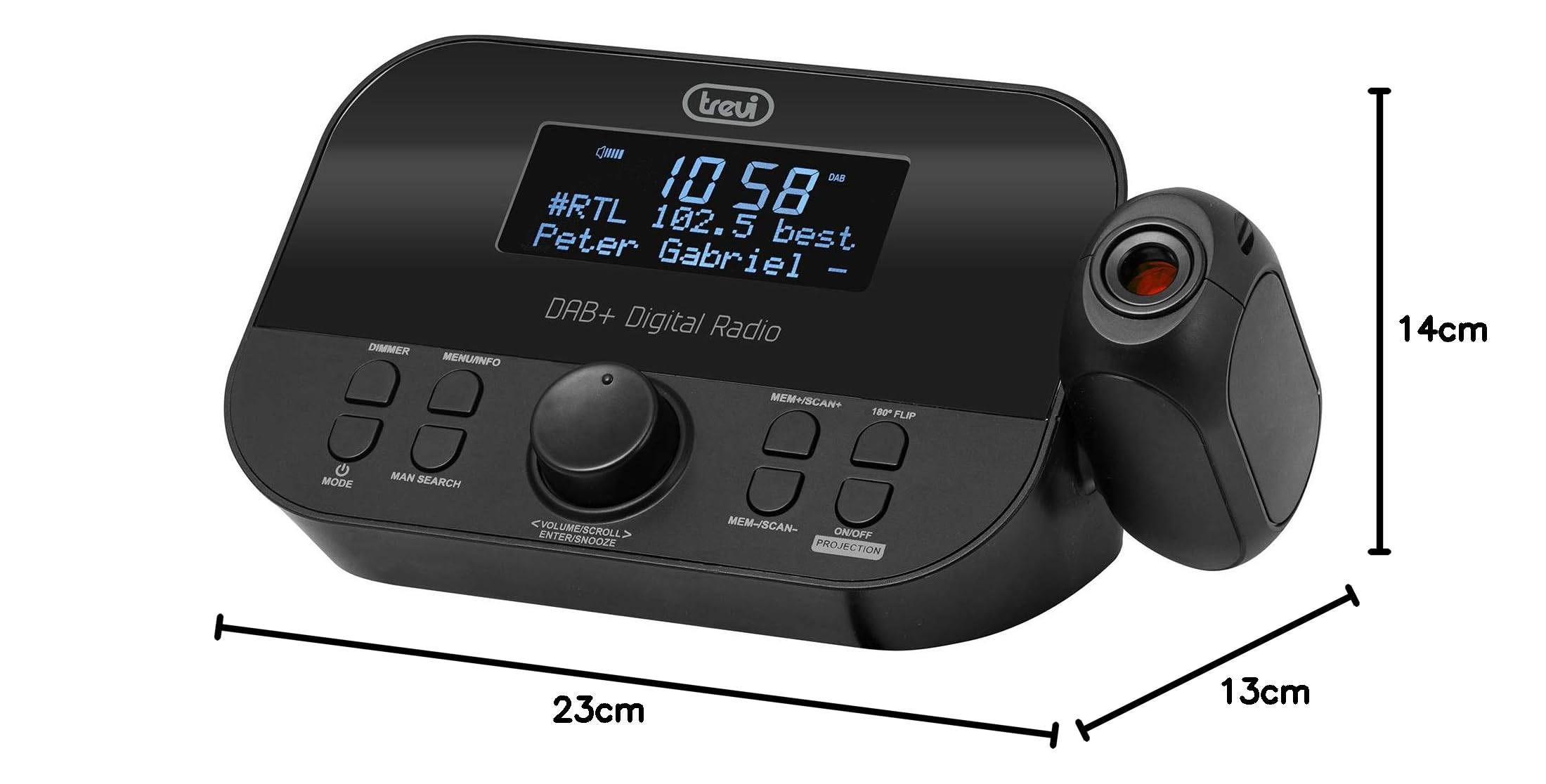 Trevi RC 85D8 DAB Radiosveglia DAB con Proiezione a Soffitto, Stazioni Radio Memorizzabili, Doppia Sveglia, Funzioni Snooze e Sleep, Display LED, Alimentatore in Dotazione