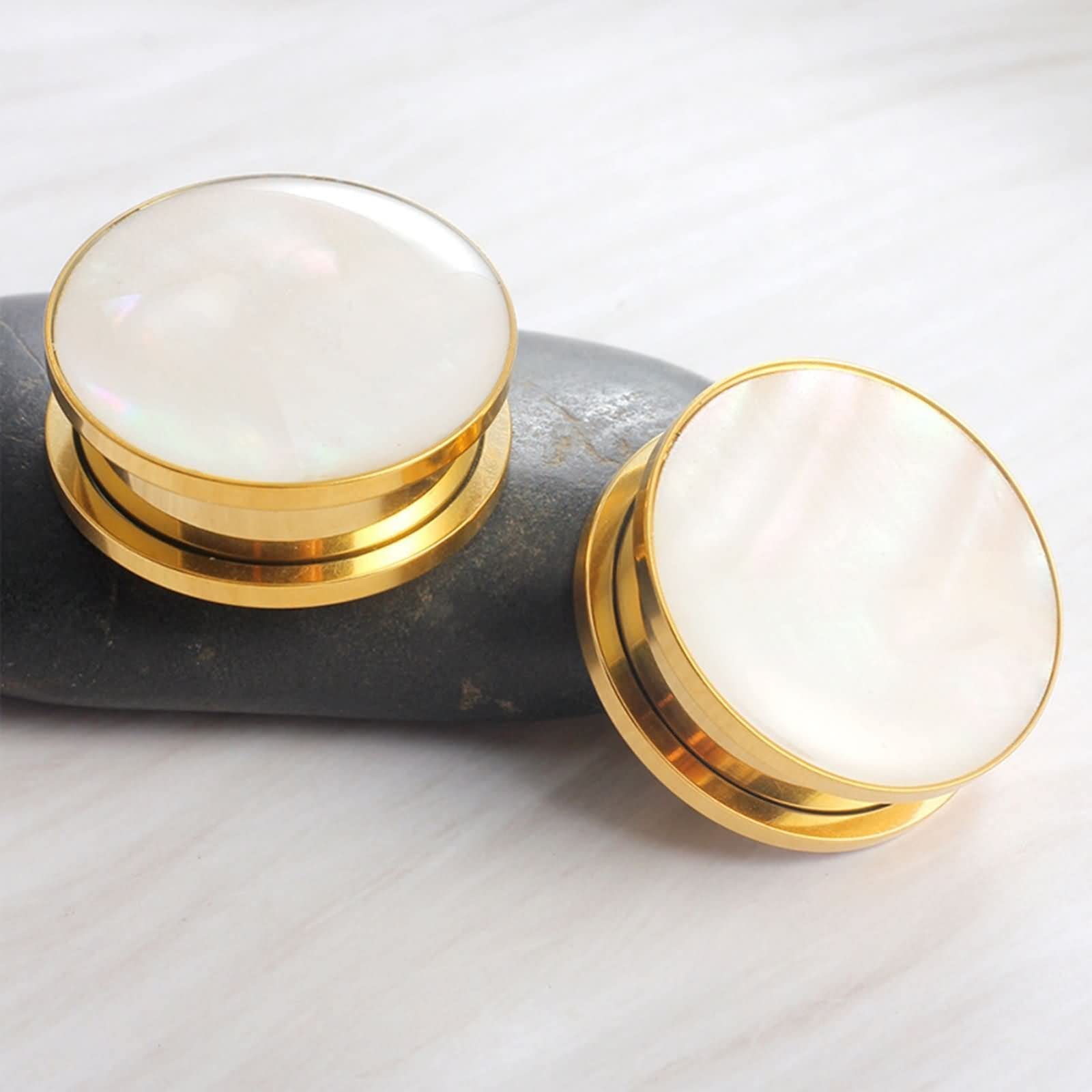 Daesar Plugs 6-16MM Edelstahl, Ohr Tunnel Set Gold Rund mit Weiß Muschel Ohrringe Piercing Ohr Plug Tunnel für Damen