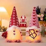 Valentinstag Deko Beleuchtet Wichtel Figuren, 2er Valentinstagswichtel Figuren mit LED Licht, Leuchtende Valentinstagsdeko Wichtel mit Rosen, Plüsch Wichtelfiguren für Tischdeko Valentinstag (Rosa)