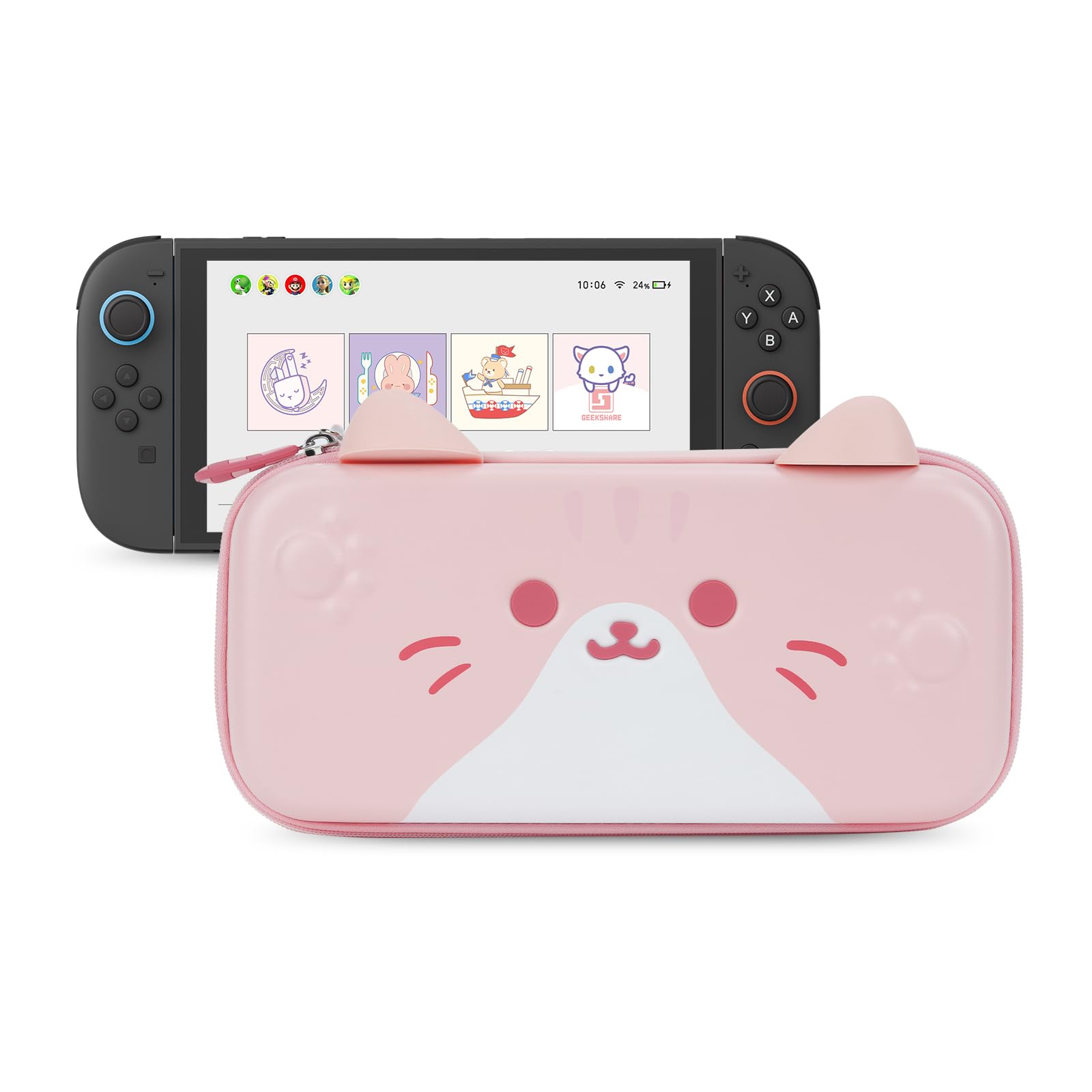 GeekShare Carrying Case Compatible with Switch 2 (2025) 7.9 Inch, Hard-Shell Slim Travel Case with 12 Game Card Slots for Switch 2 Console and Accessories, Pink Cat Ear - 1