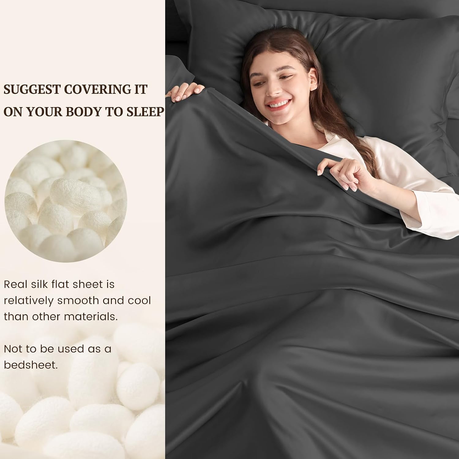 THXSILK Silk Flat Sheet 6A+ Top 100% Pure Mulberry Silk Bed Sheet Luxury Ultra Soft Breathable Cooling Lightweight Bedding Durable Safe Material, 1 Flat Sheet Only (Black, Full)