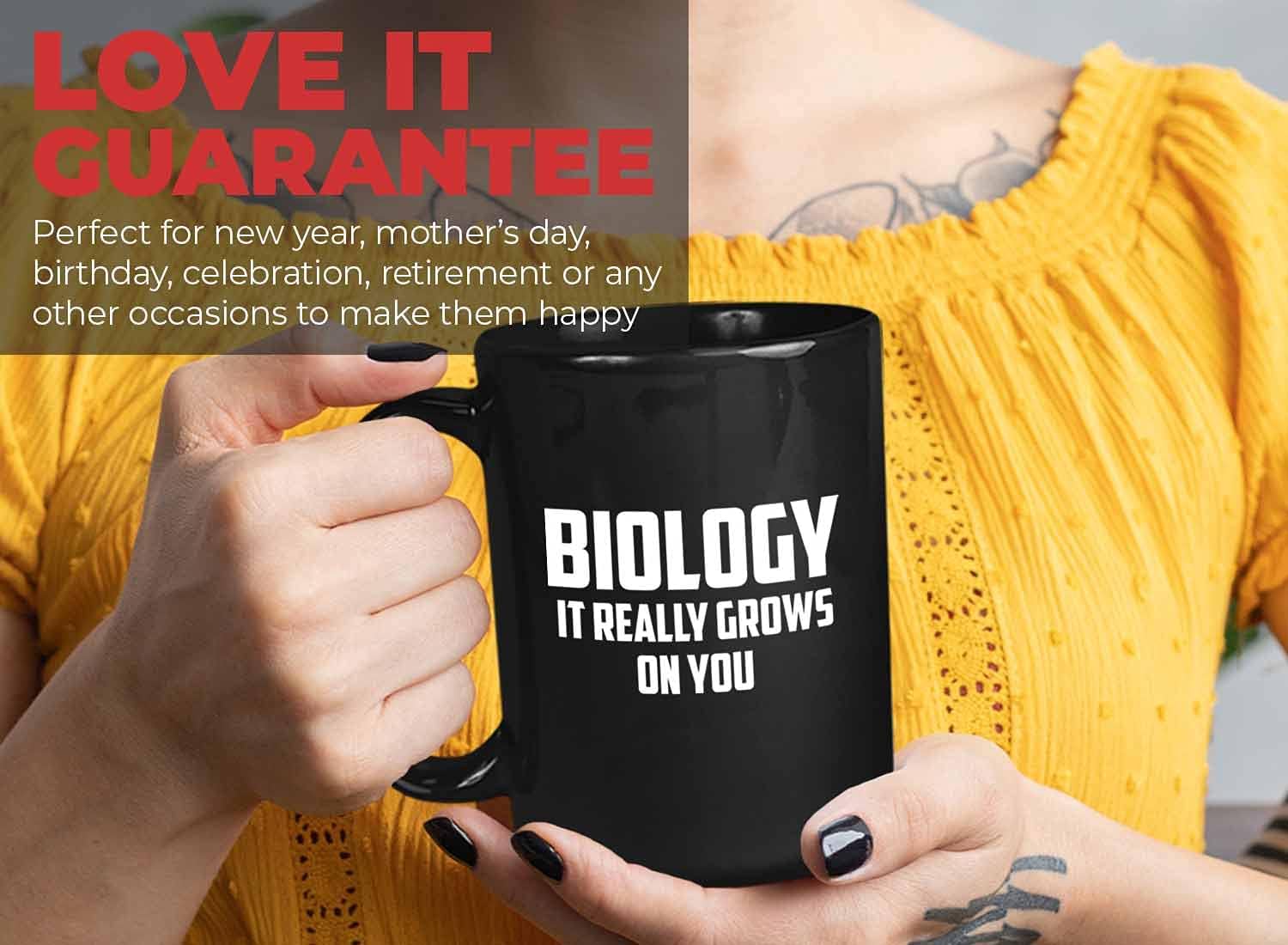 Bubble Hugs Occupation Coffee Mug 15oz Black - Biology It Really Grows on You - Funny Science Pun Biologist Scientist Joke Science Geek Smart Person