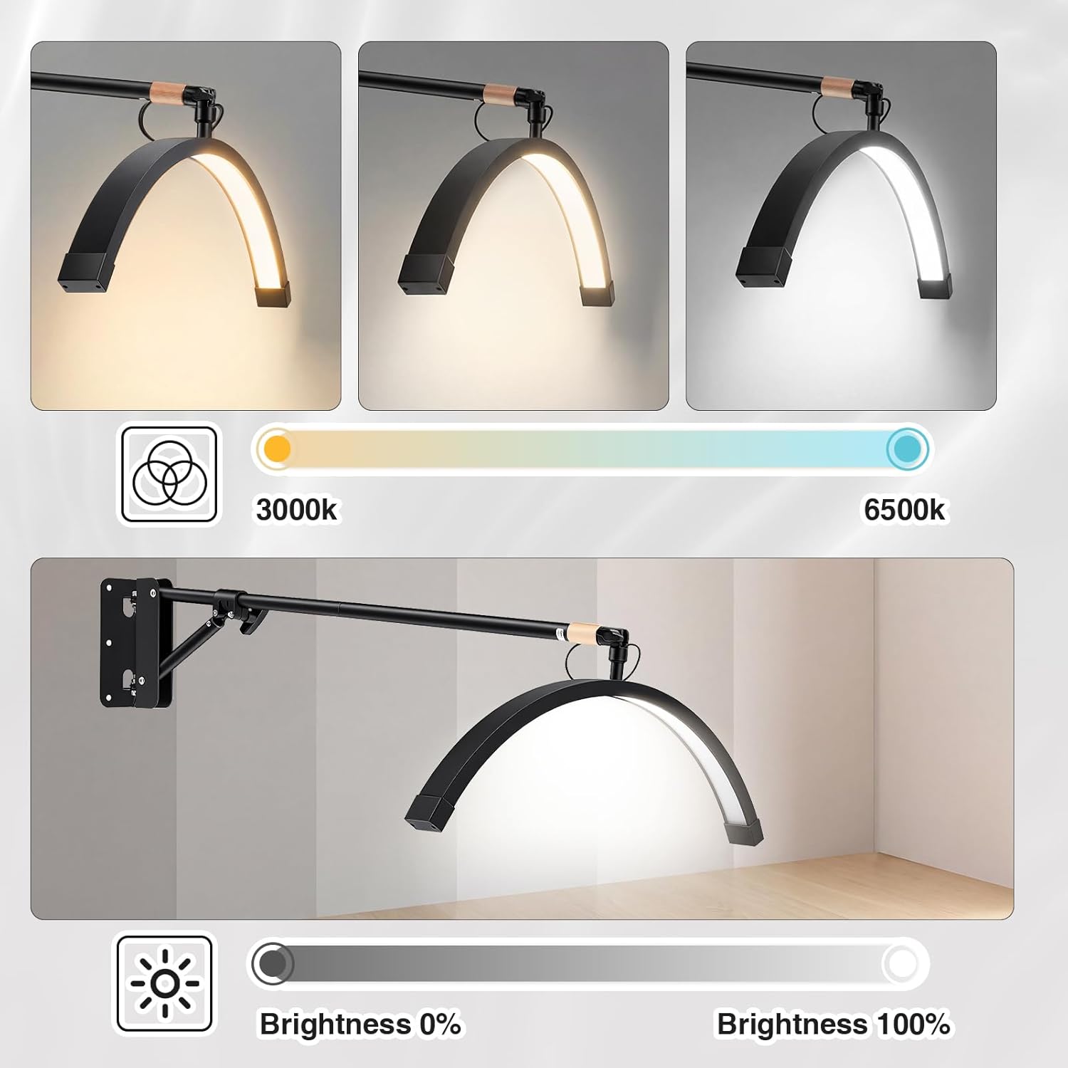 Wall Mount Lash Lamp Half Moon Shaped LED Lash Nail Light Cool/Warm Modes Adjustable Angle and Height for Barbershop Eyelashes Nail Eyebrows Tattoo Hair Salon, with Phone Holder