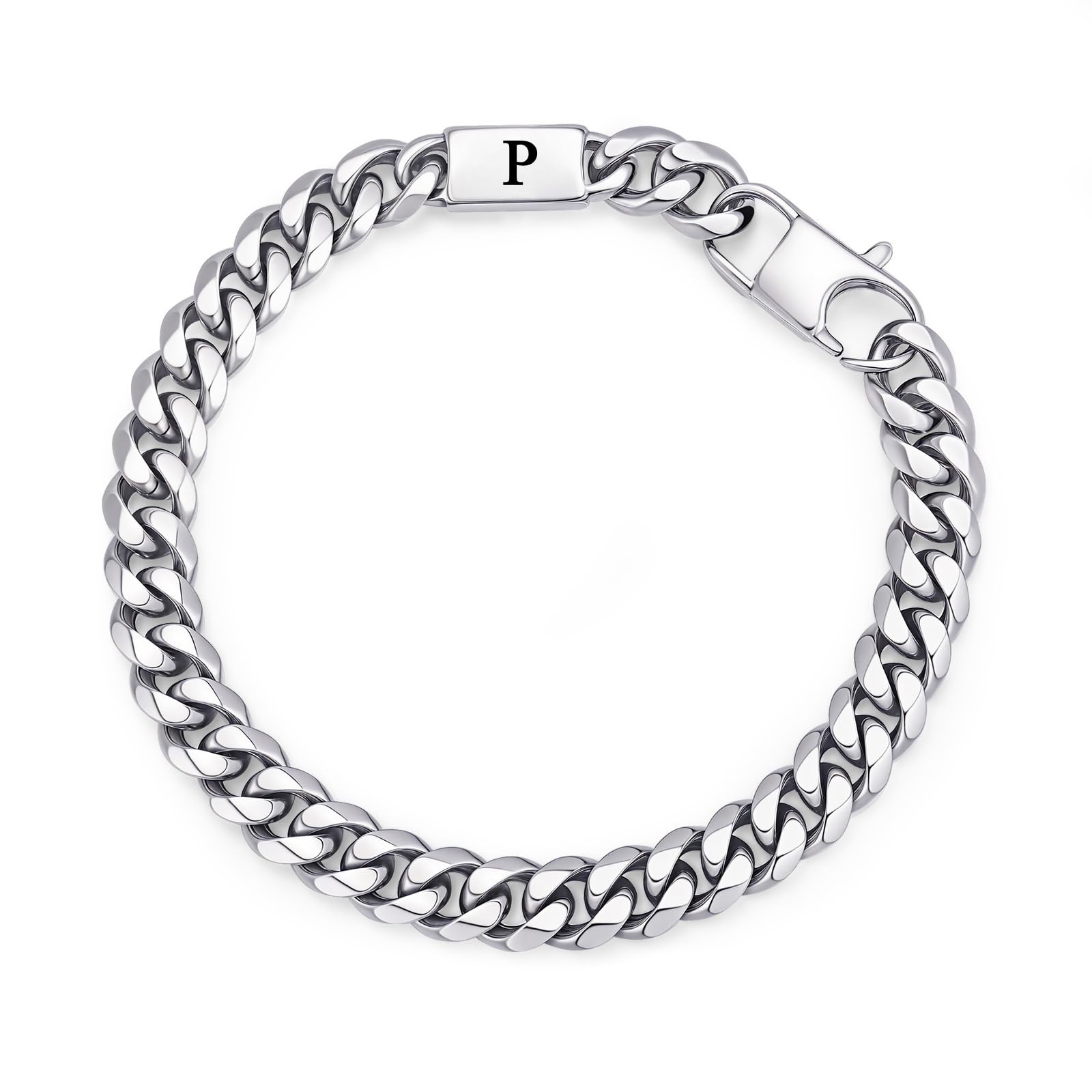 Herren Armband Edelstah Panzerkette mit Buchstaben - Silber Panzerkette Armband für Männer Jungen A-Z, Buchstabe Kubanische Armbänder 8mm Breite 21cm Länge Geschenke für Ehemann Papa Sohn Bruder