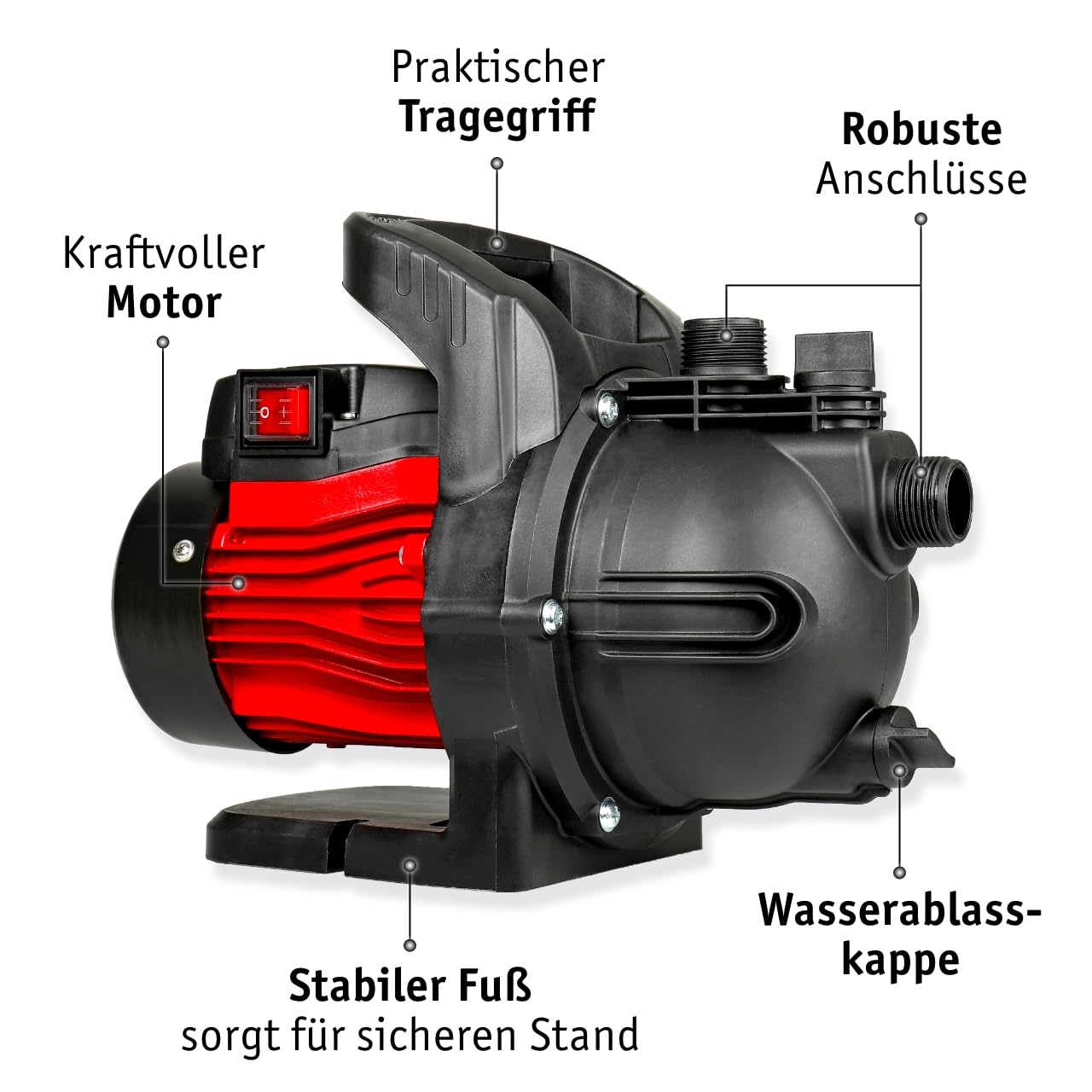 WALTER Gartenpumpe 600 W - Geräuscharmer Hochdruck-Wasserpumpe, 3000 l/h Kapazität, 35 m Förderhöhe - 3,5 bar Druck - Ideal für Pool, Kellerentwässerung & Gartenbewässerung