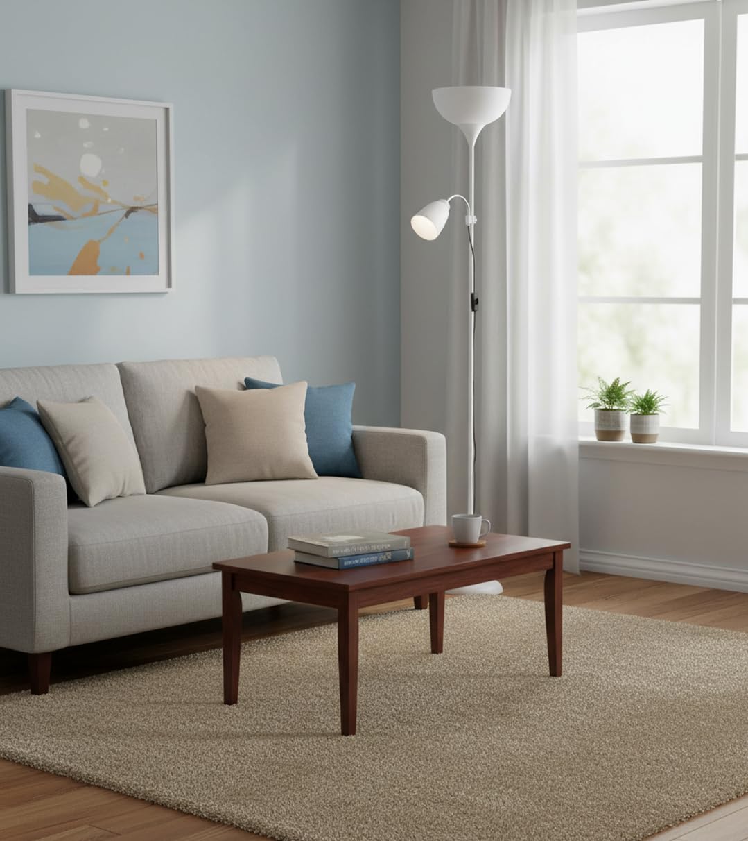 BEL AIR HOME | Lámpara de pie VARESE | 178CM, blanco, aluminio | Brazo lector orientable, doble portalámparas E27 y E14, interruptor deslizante | Iluminación salón moderna y funcional