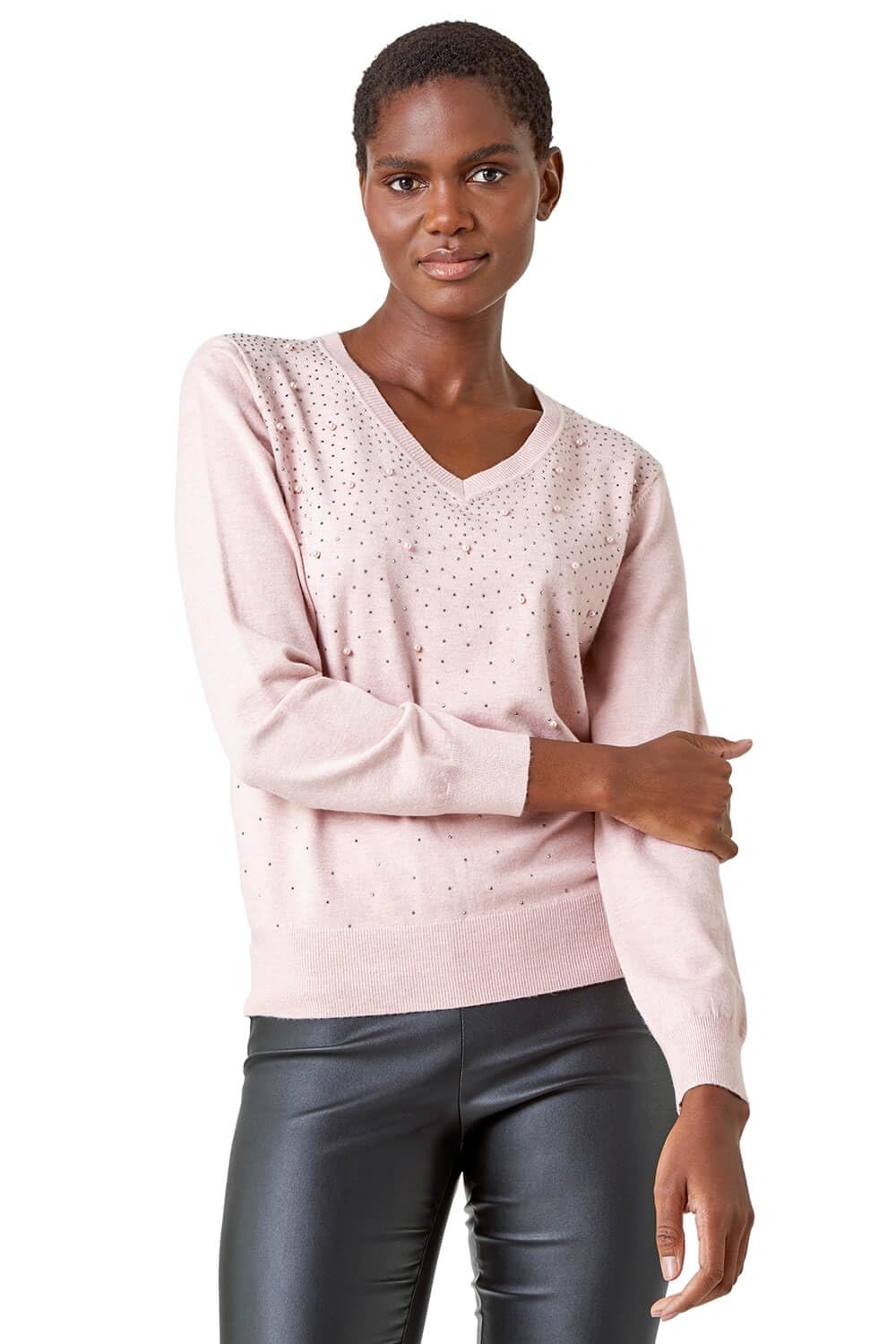 Roman Originals Women's Pink Sparkle V-Neck Jumper For Uk Boyfriend Fit Slouch Sweater Winter Autumn Textured Casual Flattering Knit Pullover Knitwear Daywear Lightweight Lounge - Size 18