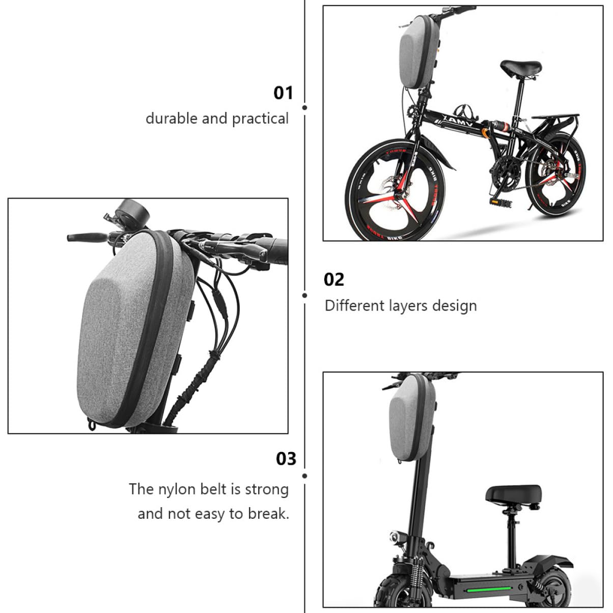 Yardwe Eva Lenkertasche für E-scooter, 1 Stück, Große Kapazität | Klappfahrräder, Graue Hartschale mit Mehrschichtigem Aufbau, Fach für Flasche und Handschuhe