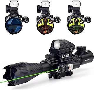 UUQ 4-16x50EG AR15 Tactical Rifle Scope Red/Green Illuminated Range Finder Reticle W/ Red Laser and Tactical Multi Optical Coated Holographic Dot Sight for 22mm Rail Mount