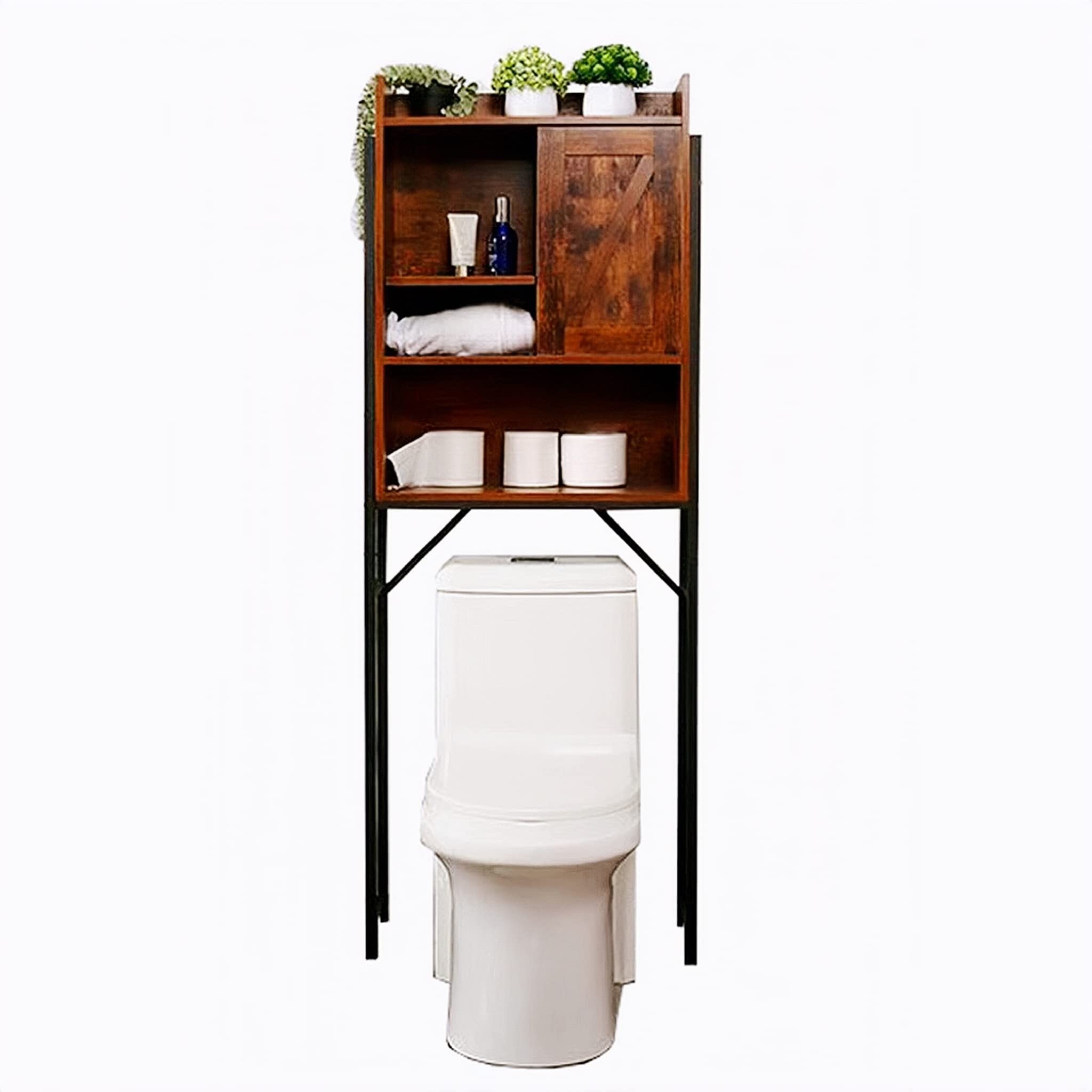XECUSFST Over The Toilet Shelf, Open Shelves and Small Cabinets Bathroom Space Saver Over Toilet Multifunctional Storage Rack Above Toilet, Easy to Assembly, Rustic Brown
