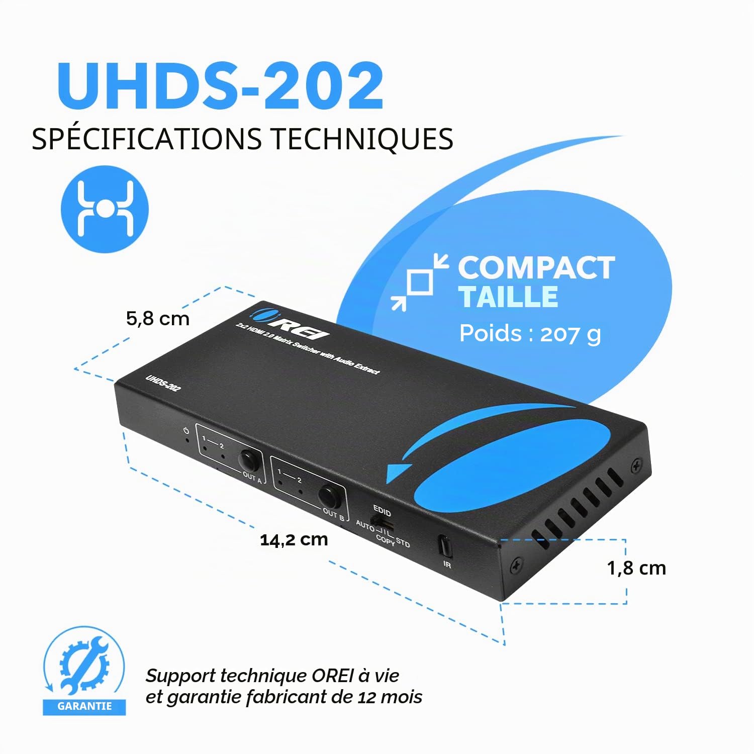 OREI Commutateur matriciel HDMI 4K 2 x 2, commutateur 18G UltraHD Prend en Charge jusqu'à 4K @ 60Hz et 1080p IR EDID HDCP 2.- Télécommande (UHDS-202)