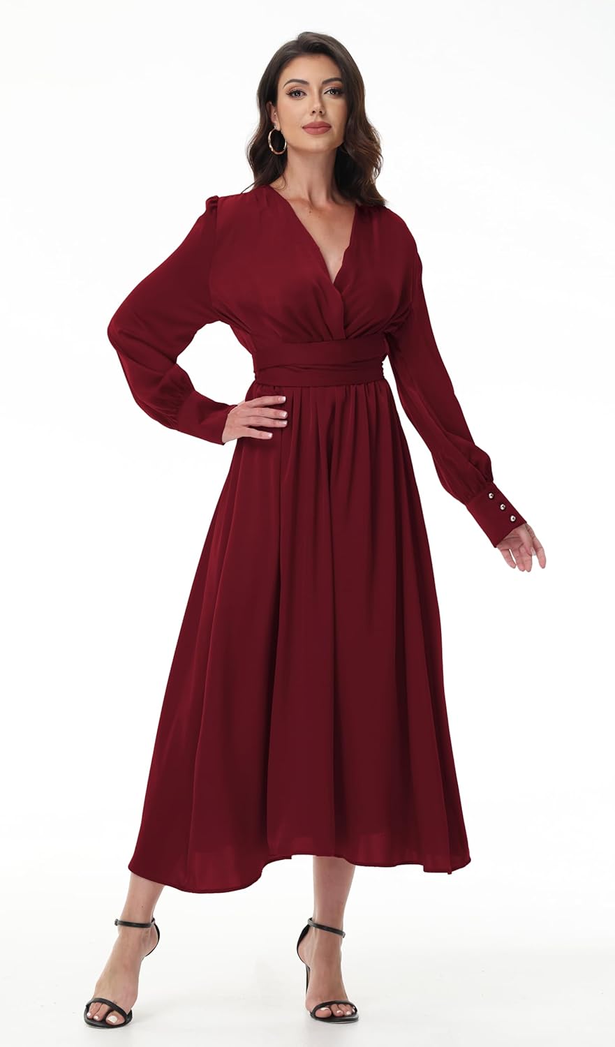 Elegant Long Dresses for Women Pleated Modest Maxi Silk Dress Sexy V-Neck Solid Long Sleeve Belt Casual Party - Image 5