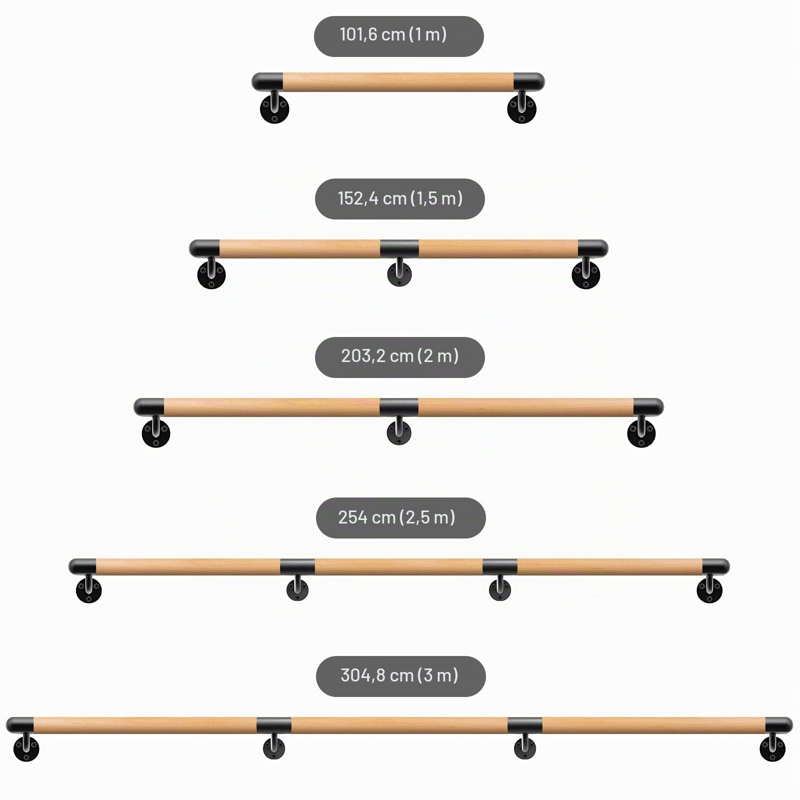 Dolibest Main Courante 250cm Escalier Rampe Escalier Bois Poignée Sécurité | Escaliers Intérieurs Extérieurs,Personnes Âgées Handicapées Enfants,Couloirs Passages Terrasses Balcons,Ronde 3.8cm/227KG