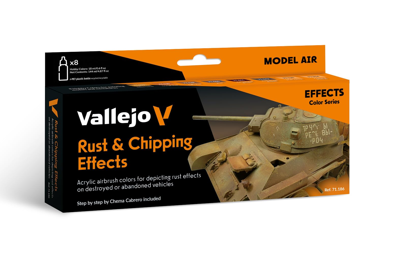 Vallejo Model Color Acrylic Paint Set, 8 Matte Finish Colors for Airbrush, 18 ml Bottles with Dropper for Rust and Weathering Effects