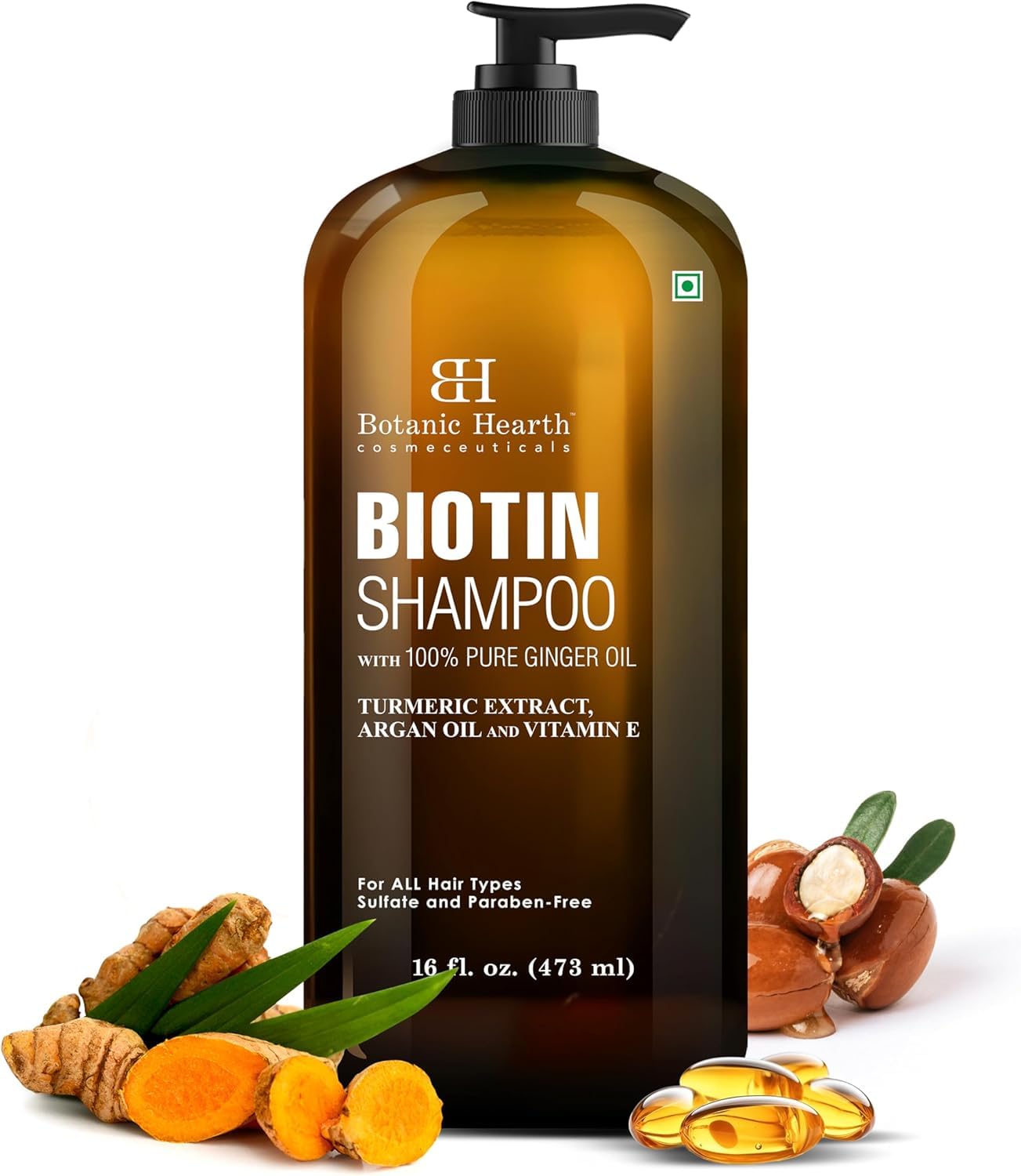 Biotin Shampoo With 100% Pure Ginger Oil | Sulfate & Paraben | Free | Enriched With Turmeric Extract, Argan Oil & Vitamin E | For All Hair Types | 16 Fl. Oz