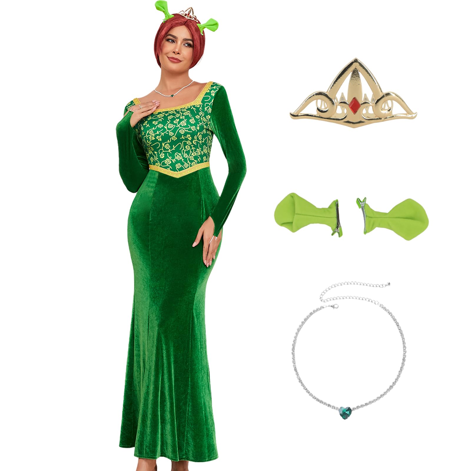 AYYOHON Fiona Costume Women Princess Fiona Dress Adult Long Sleeves Gown Dress with Headband Halloween Cosplay Party Outfit L